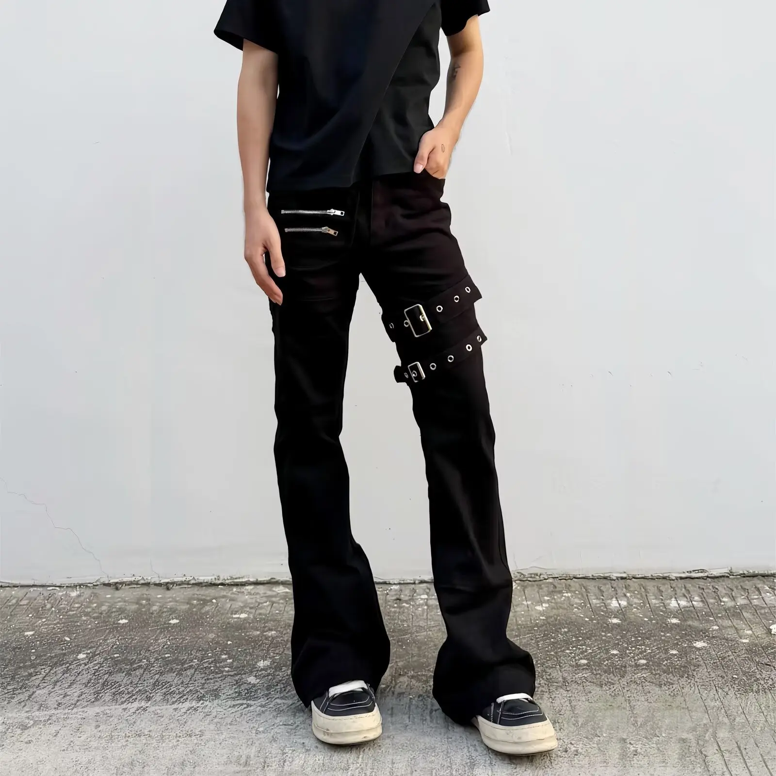 

Men's Autumn Winter Large Size 250 Pounds Belted Bell Bottom Workwear Jeans High Street Slim Fit Straight Leg Polyester Fiber