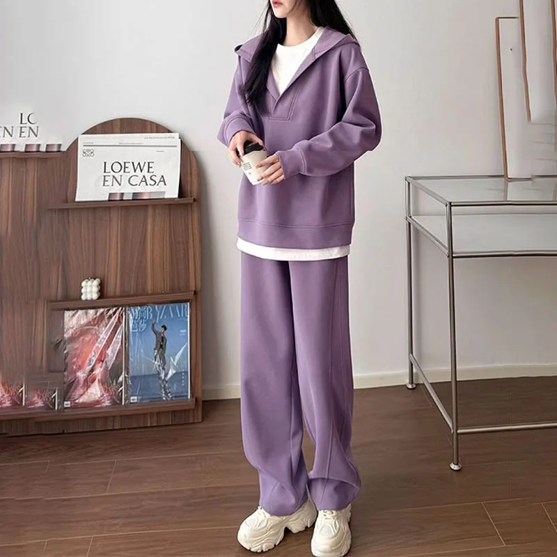 Autumn Women's Sweat Suit Loose Hooded Long-sleeved Pullover Sweatshirts with High Waist Lace Up Pants Two-piece Set Tracksuits