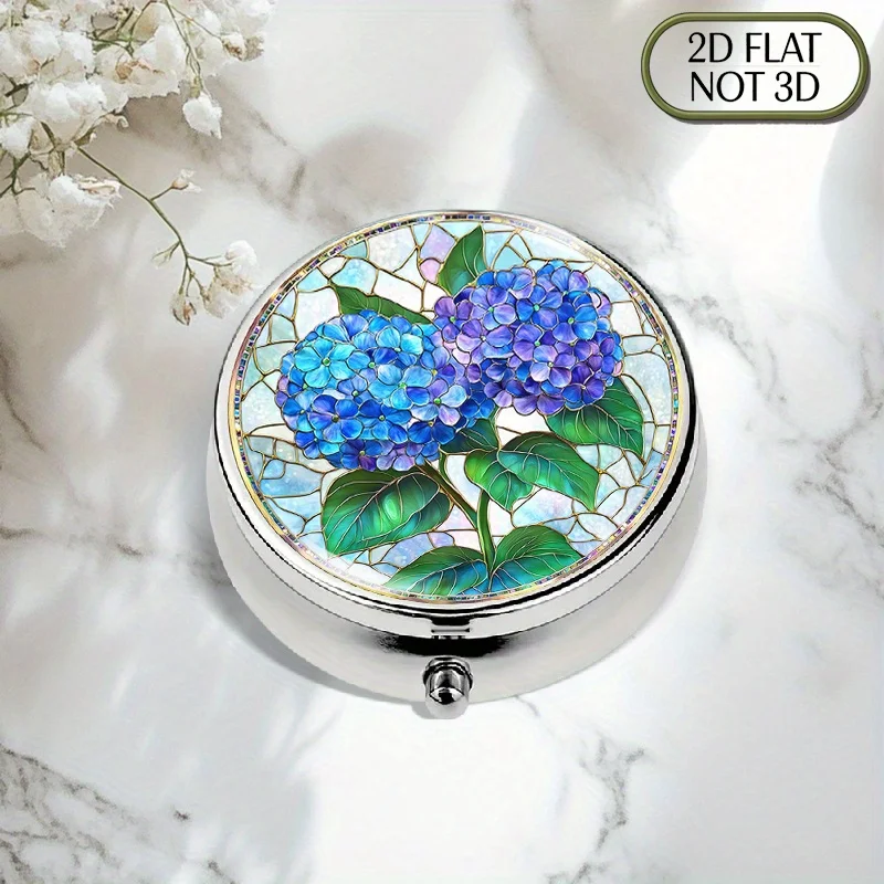 1 piece of flat, portable, round metal pill box, featuring a beautiful blue-purple daffodil stained glass design, perfect for organizing medication, vitamins, and small personal items, making it an ideal gift for Father's Day and Independence Day celebrations