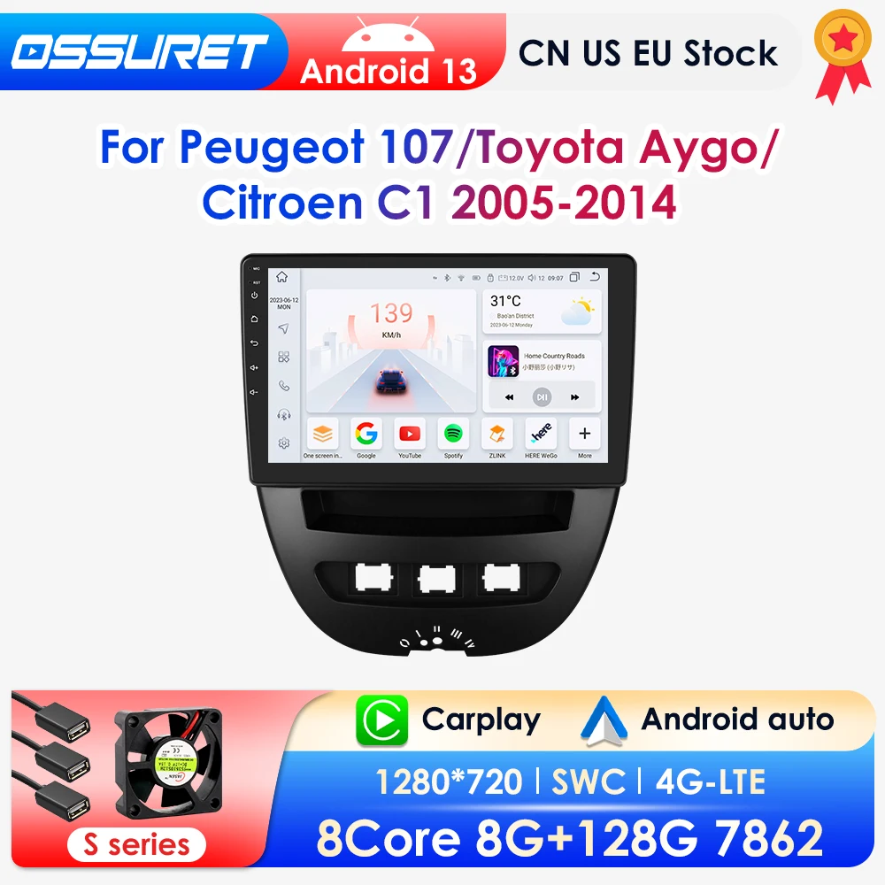 Radio de coche Android 2 Din para Peugeot 107 Toyota Aygo Citroen C1 2005-2014, CarPlay inalámbrico, Android Auto 4G RDS 7862, sin DVD