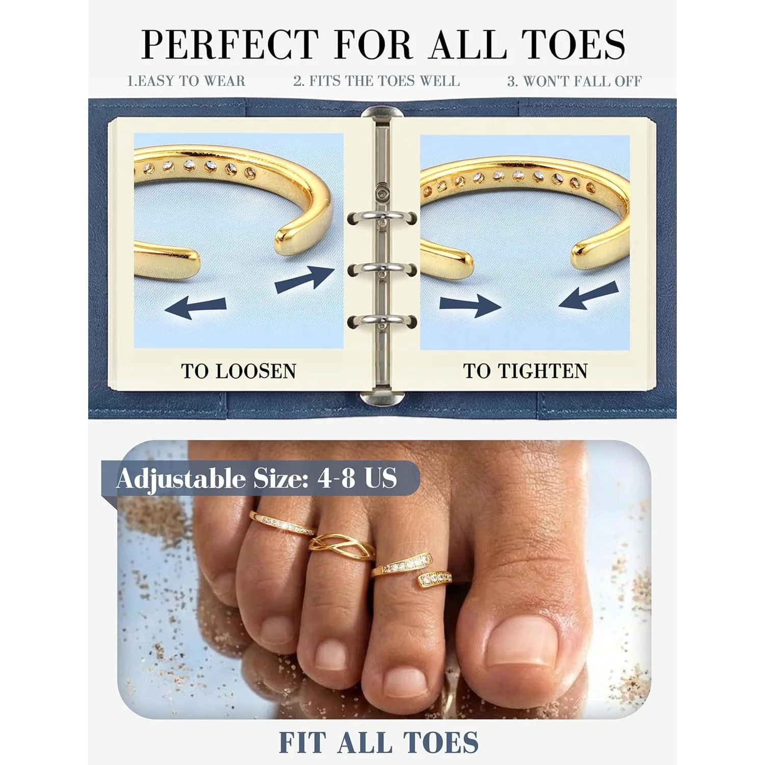 Bobisty Gold-plated Toe Rings for Women Non Tarnish Adjustable Toe Ring Dainty Open Toe Rings Waterproof Summer Beach Foot Jewel view 6