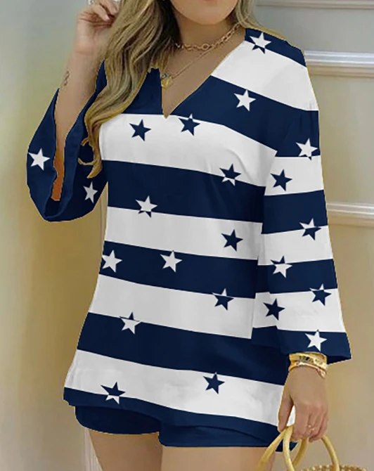 

Women's Short Set 2024 Spring/Summer New Casual Daily Blue Stripe Star Print Set