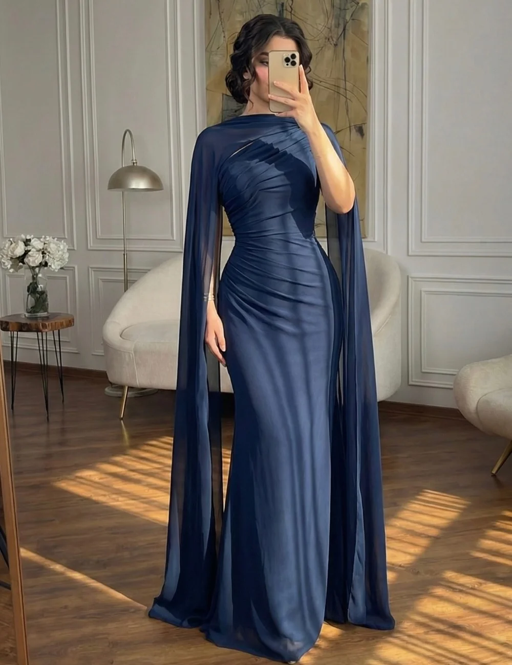 

Customized Navy Blue Simple Pastrol Chiffon Pleat Draped Shawl Mermaid One-shoulder Long Dresses Evening Dresses for Woman