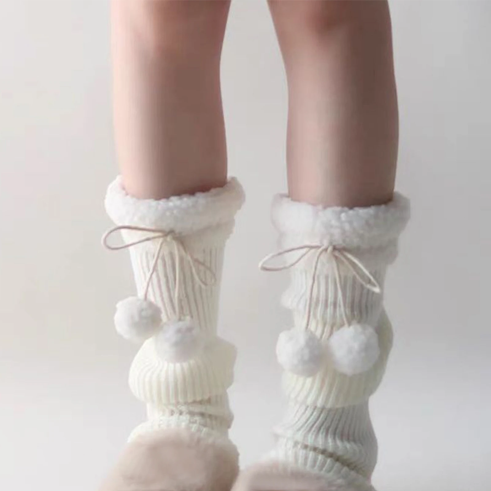 Winter Warm Knitted Leg Warmers for Girls Lolita Fuzzy Ball Knee High Socks for Winter Foot Cover Heap Sock Boot Cuffs