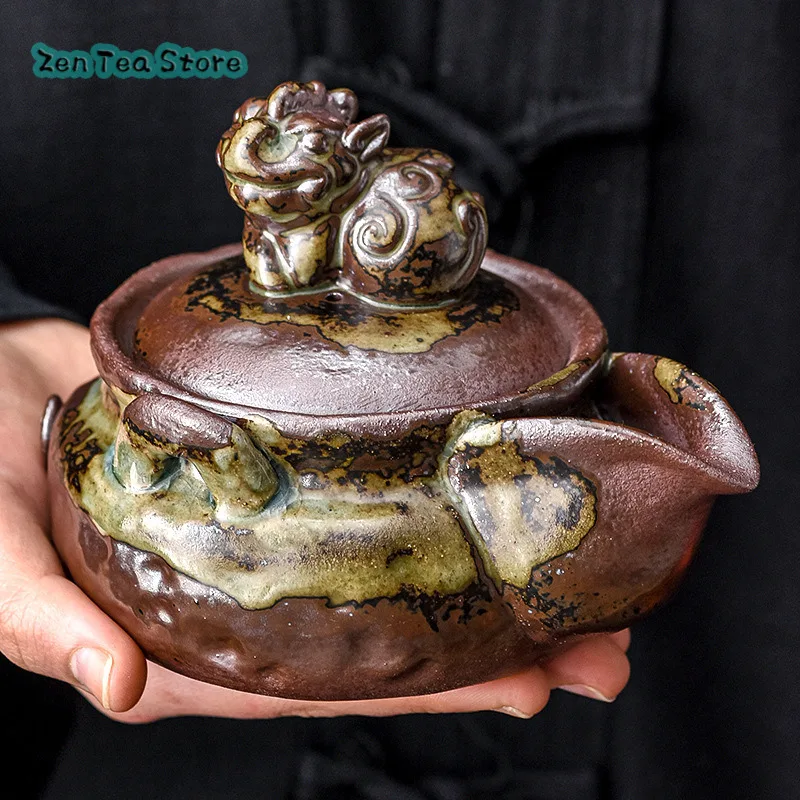 Wood-fired Handmade Pixiu Treasure Pot Teapot Ceramic Large Retro Teapot Kung Fu Tea Set Hand Grab Pot Tea Distributor