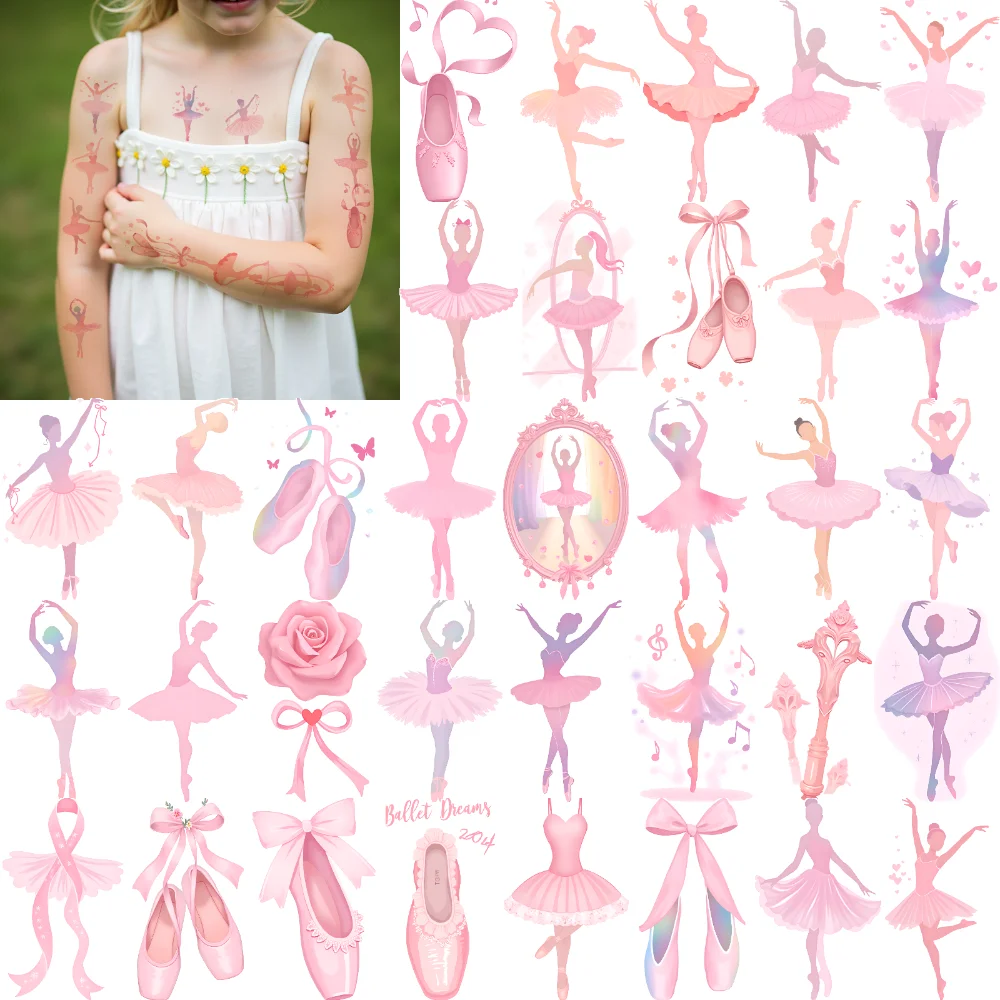 63pcs Temporary Tattoo Ballerina Shoes Cartoon Ribbons Ballet Dancers Waterproof Long-lasting Body Stickers For Cheeks