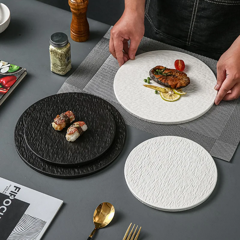 High-Quality White Ceramic Square Plates, Creative Japanese-Style Stone Texture Tableware, Viral Household Steak Serving Plates