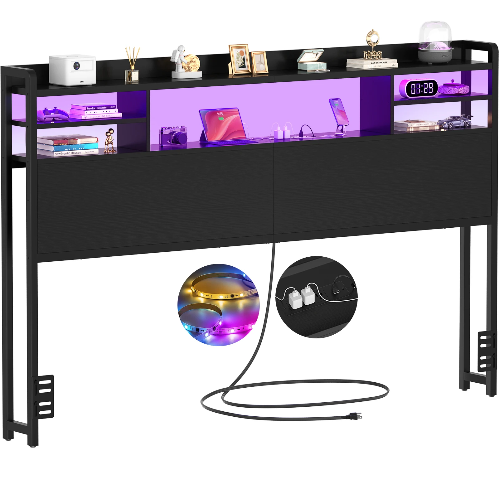 Aheaplus Headboard for Queen Size Bed with Storage, Headboards with LED Light, Power Outlets, USB Ports Queen Size Head Board, Wood headboard Only Sturdy and Stable Headboards, Modern, Black
