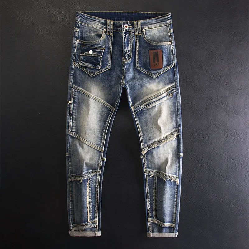 Patchwork Motorcycle Men's Jeans with Zipper, Multiple Pockets, Fashionable, Trendy, Stylish, Slim Fit, Stretch Pants