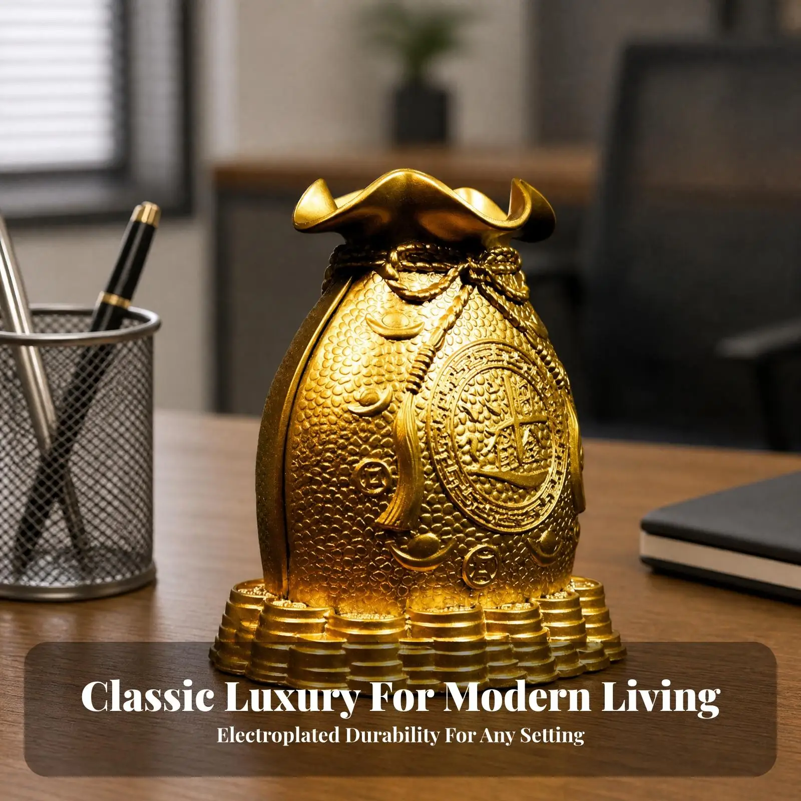 Decorative Disc Bank with Stacked Disc Golden Pedestal Electroplated Metal Alloy Savings Bank Textured Metal Alloycash Box for