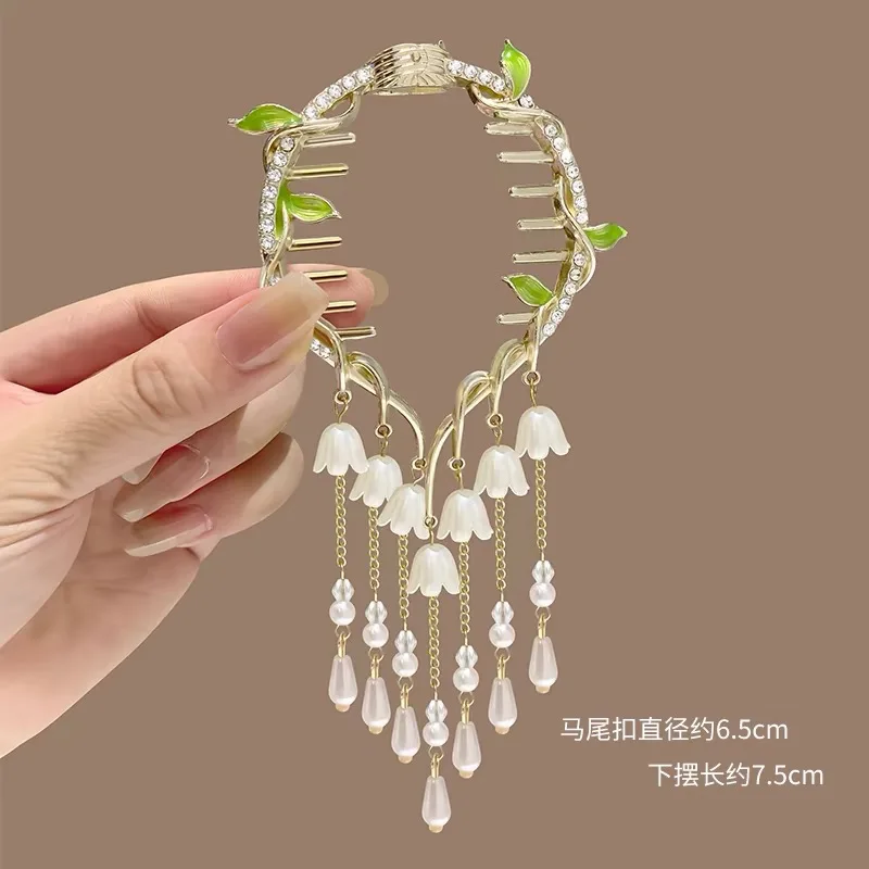 Amxiu Pearl Tassel Rhinestone Hair Clasp Bun Maker Hair Claw For Girls High Ponytail Hair Clip Temperament Hanfu Headdress 2024