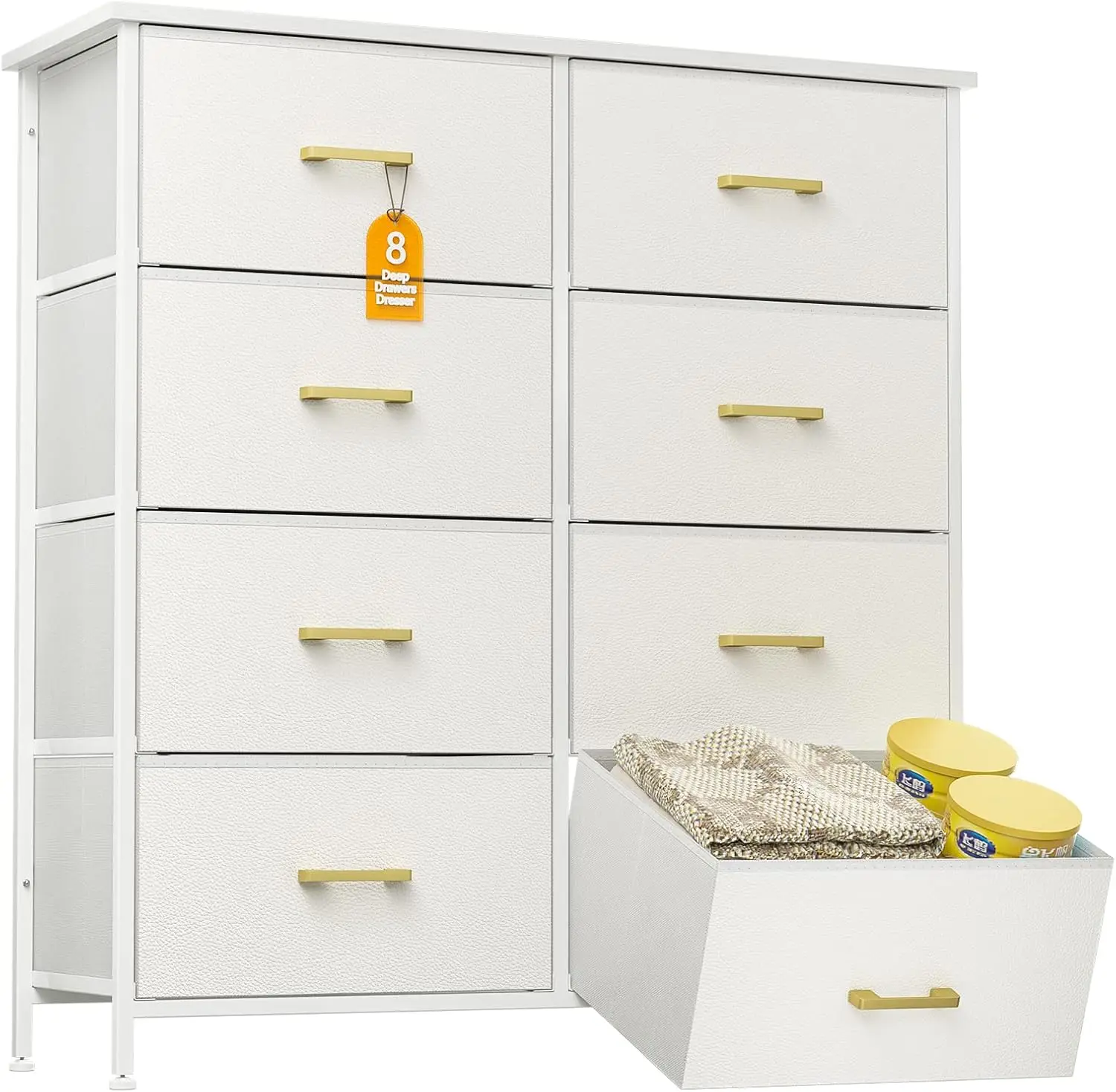 Dressoir voor slaapkamer met 8 lades, ladekast voor kast, woonkamer, hal, kinderkamer, wit dressoir met stevige S