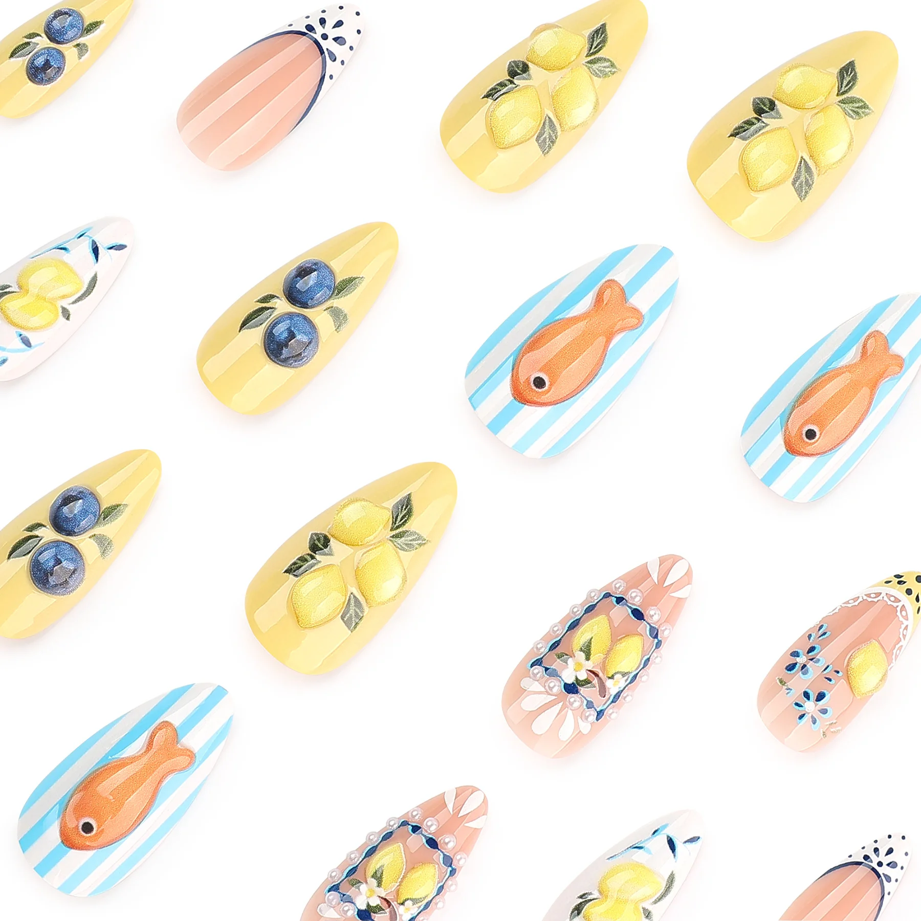 3D Stereo Wearable Nail Tips Almond Shape Blueberry Lemon Design False Nails Artificial Nail Tips for Beauty Manicure