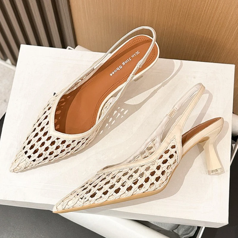 

Elegant Woven Mesh Heeled Sandals Women Summer Temperament Pointed Toe Breathable Slingback Gladiator Heels Sandalias De Mujer