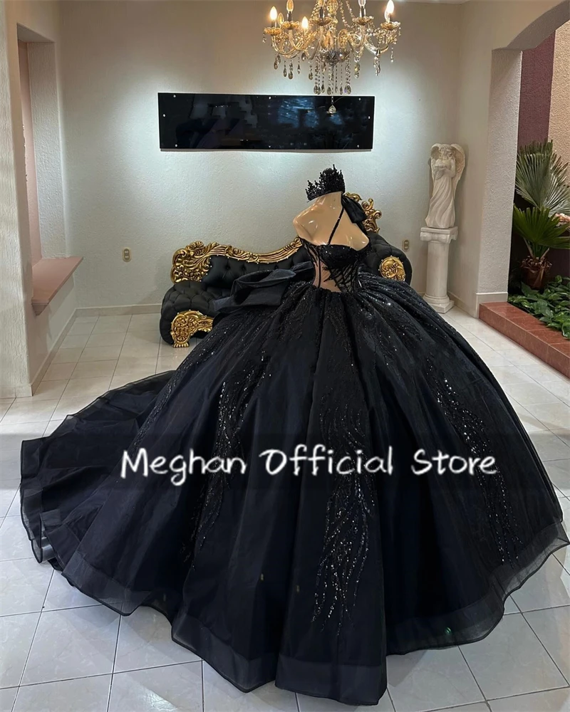 Mexico Black One Shoulder Sequin Quinceanera Dress Ball Gown Bead Applique 2024 Birthday Dress Bow Princess Gown Customized