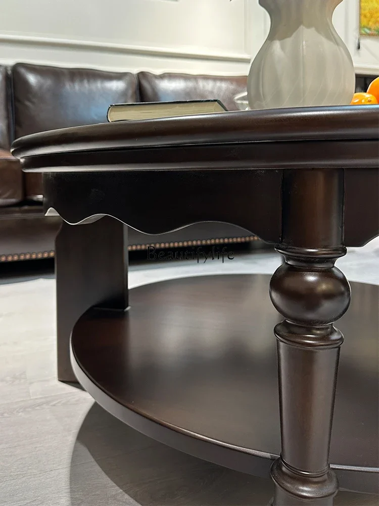 88. French Retro Solid Wood Coffee Table For Living Room, Simple Small Apartment Round Tea Table For Home Use