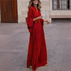 Vintage Boho Women's Casual Dress Sping Fall Fashion V-neck Lantem Sleeve Folds Waist Loose Maxi Streetwear Dresses For Women