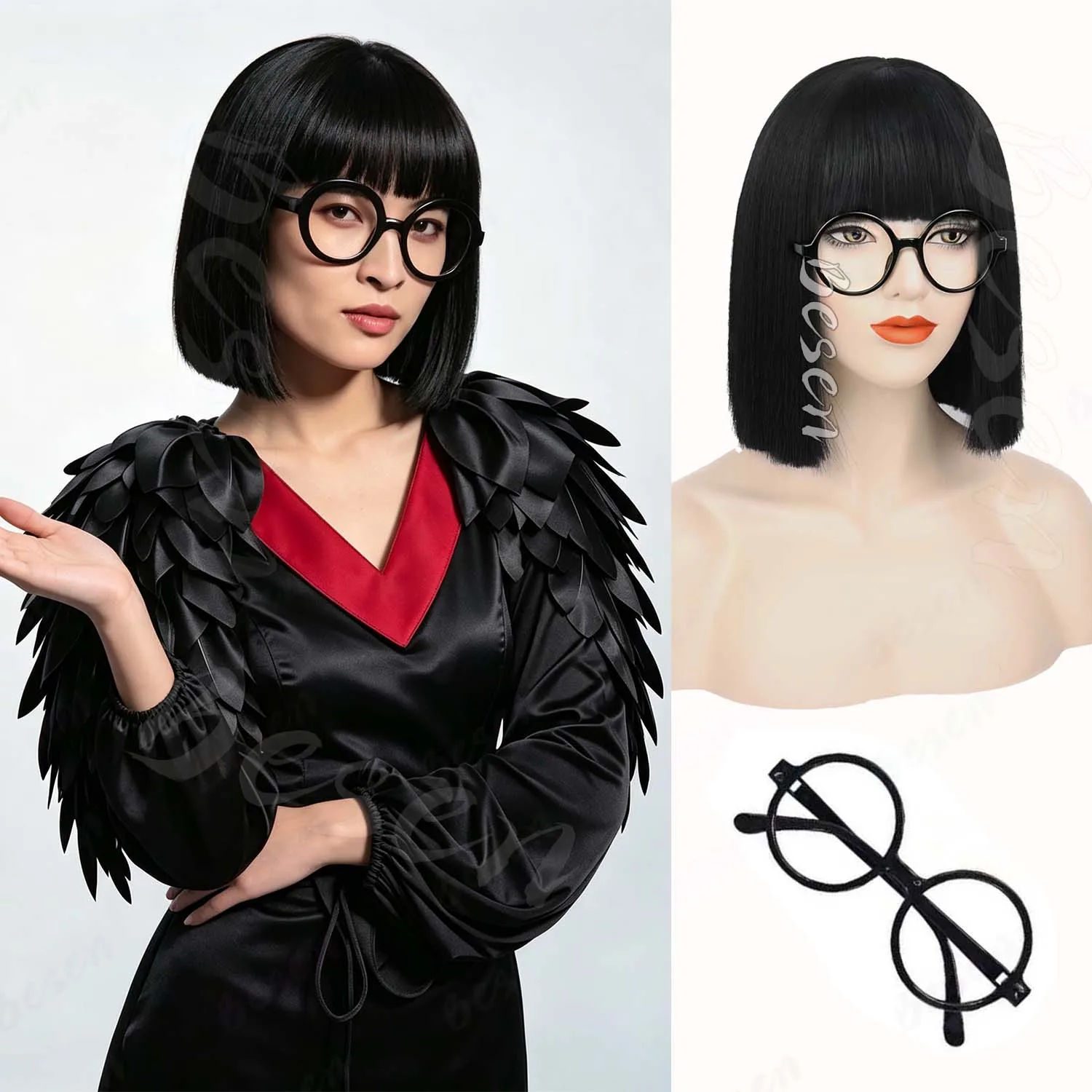 Synthetic Short Black Bob Wig+Glasses,12inch Bob Bangs Wig,Anime Edna Mode Costume Wig for Halloween Cosplay Daily Party Use