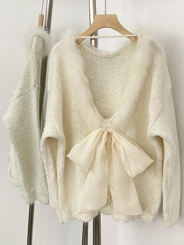 Women 2025 Flowers Bow Knit Pullovers Jacket New Spring Autumn Loose Sequins Clothes Female Real Fox Fur Back-length Sweater