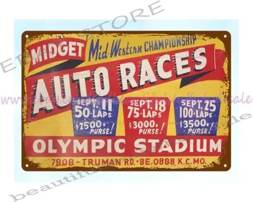 old wall with restaurant pub Midge Auto Races metal tin sign