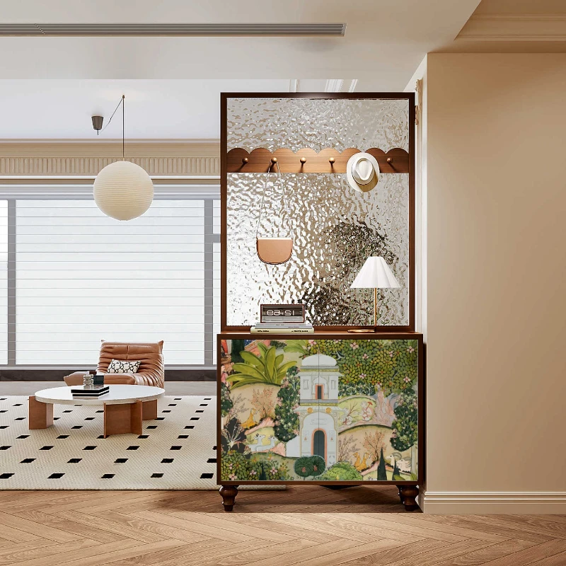 

French retro oil painting porch cabinet solid wood water pattern glass entry door screen partition living room storage shoe cabi