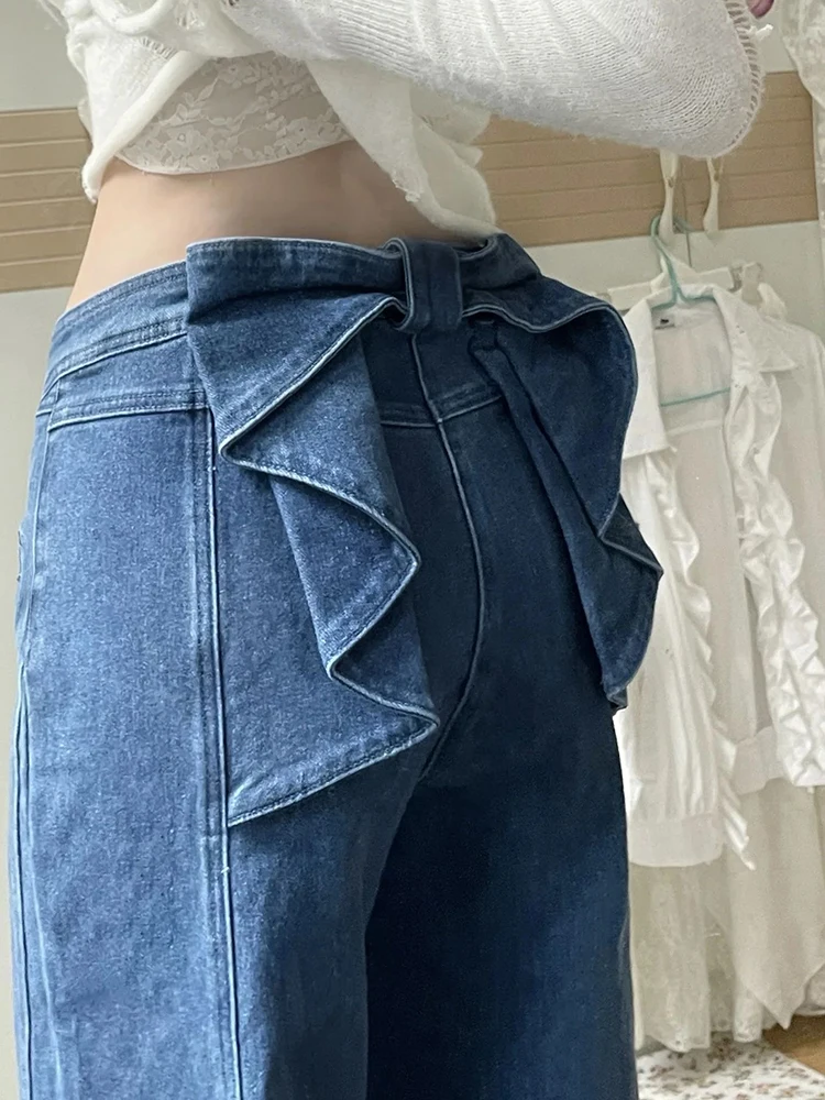 

High Waist Straight Leg Denim Jeans Women's Spring New Design Knot Loose Fit American Sle Vintage Wide Leg Pants