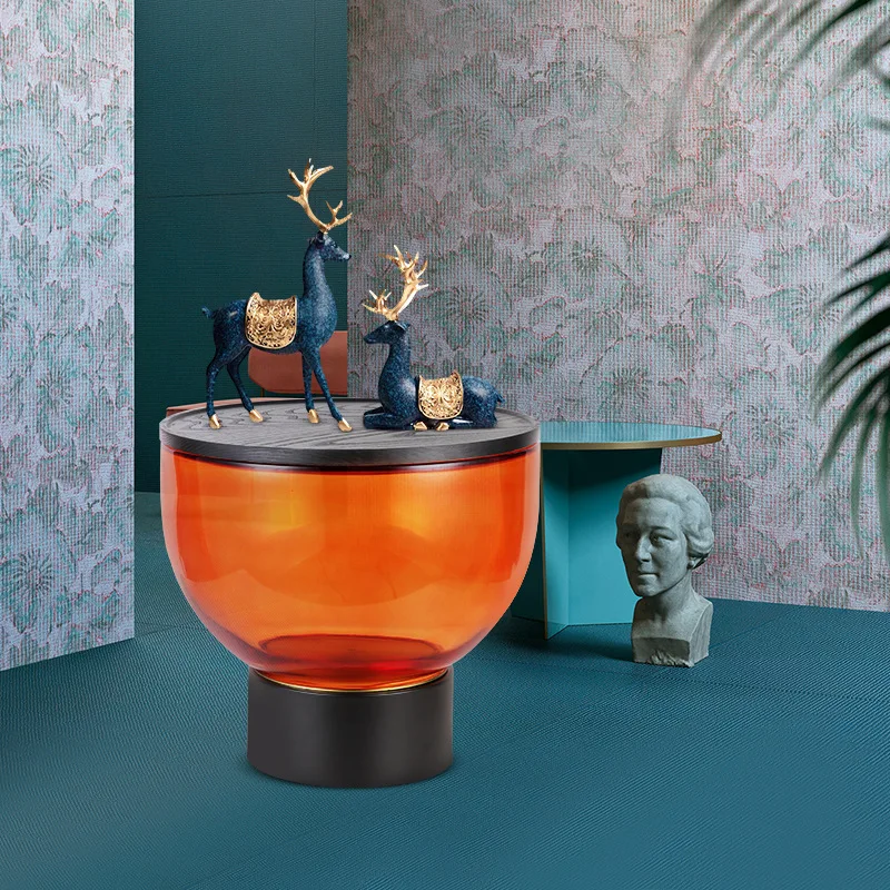 Table basse en verre trempé, table à bords colorés, table ronde, petite table d'angle