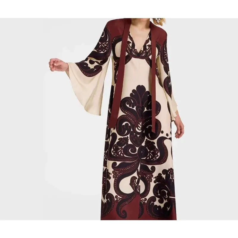 

Red White Bohemian Print Long Sleeve Maxi Dress 2025
