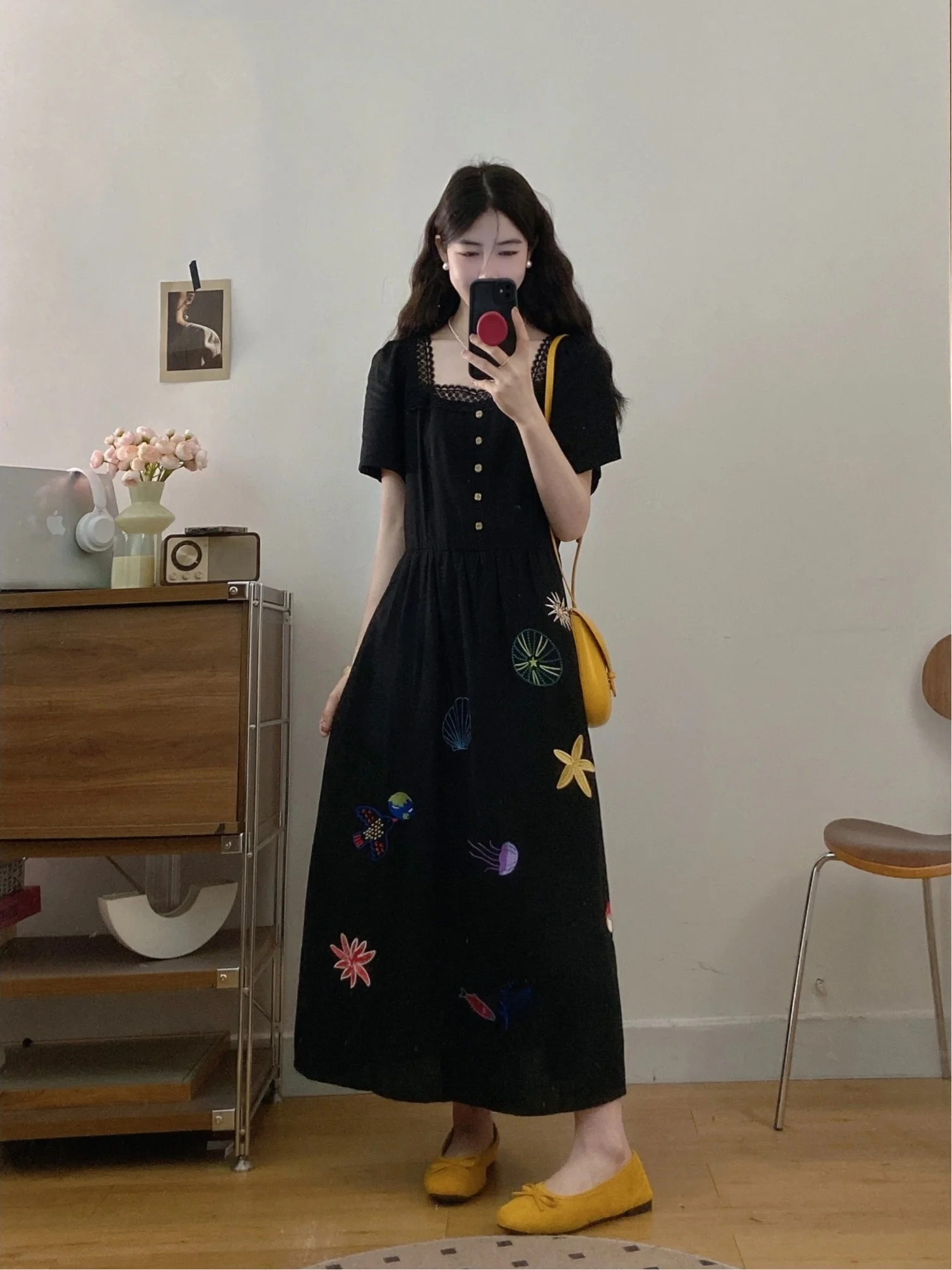 

plus Size Fashionable Short Sleeve Embroidered Dress Square Collar Slimming Design Summer New Style High Waist A-Line Long Dress