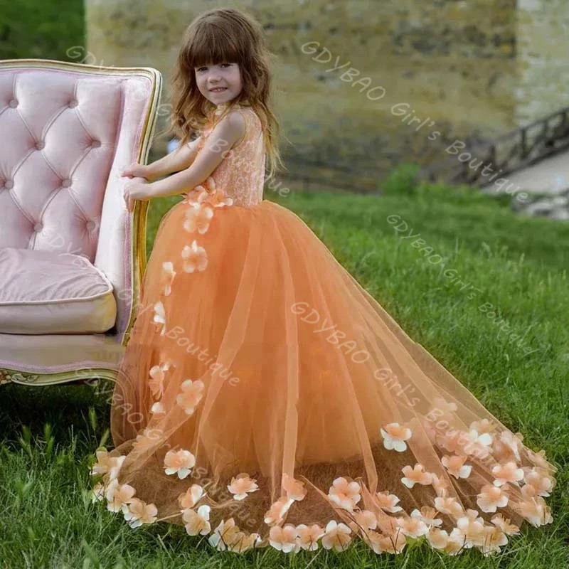 فستان بناتي على شكل زهرة الأميرة الصفراء مزين ثلاثي الأبعاد لحفلات أعياد الميلاد للأطفال من الدانتيل من التول مخصص لحفلات الزفاف مع قطار