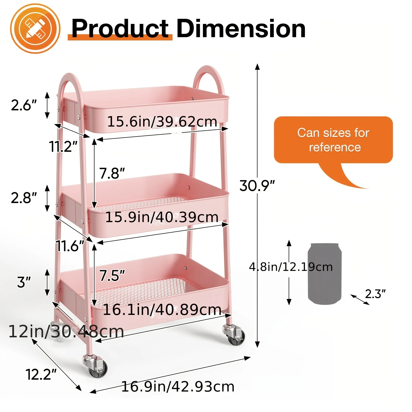 

3-Tier Metal Storage Cart with Wheels - Office Rolling Utility Organizer, Office Mobile Shelving Unit with Caster, Available in Gray, White, Pink, Green, Organizers And Storage for Office Supplies