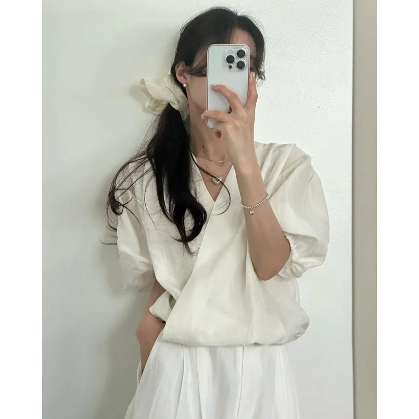Koreanische Sle Loose Summer ort Sve V-Ne Bubble Sve irt Damen Chic Wrap Body irt Bubble Sve Chiffonbluse