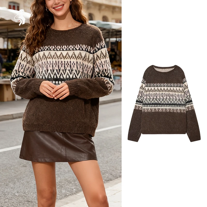 

Fashionable Fair Isle Pattern Sweater Women's Cozy Knitted Pullover Long Sleeve Top for Autumn Winter