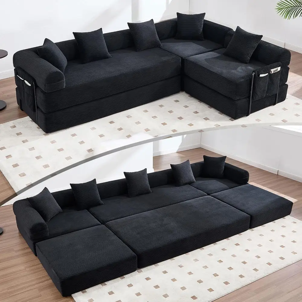 

Угловой диван-кровать с местом для хранения, цилиндрической подушкой, подходит для гостиной и детской комнаты - черный
