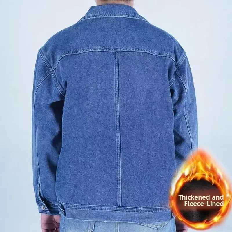 

Thiened Fce Men's Denim Jaet Stand Collar Warm Winter Coat Cotton Garment Casual Faion Ci Sle Single Button Closure