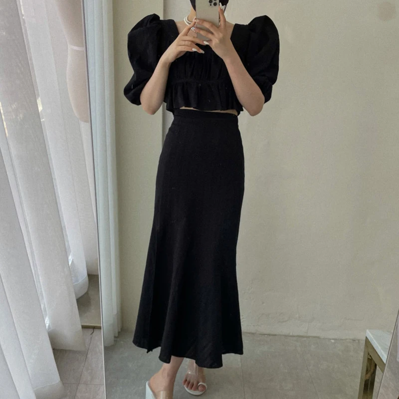 

Chic Summer irt with Bubble Sves High Waist Slimming Split Fi Tail f Skirt Women's Faion Set Square Collar