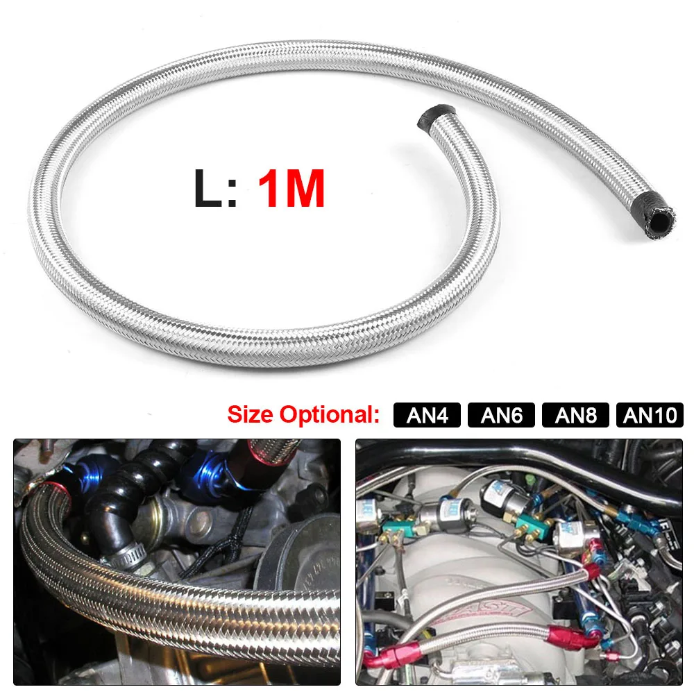 Braided Fuel Hose AN4 AN6 AN8 AN10 Stainless Steel Oil Gasoline Brake Line Oil Hose Sliver For Auto Motorcycle Petrol Tube Pipe