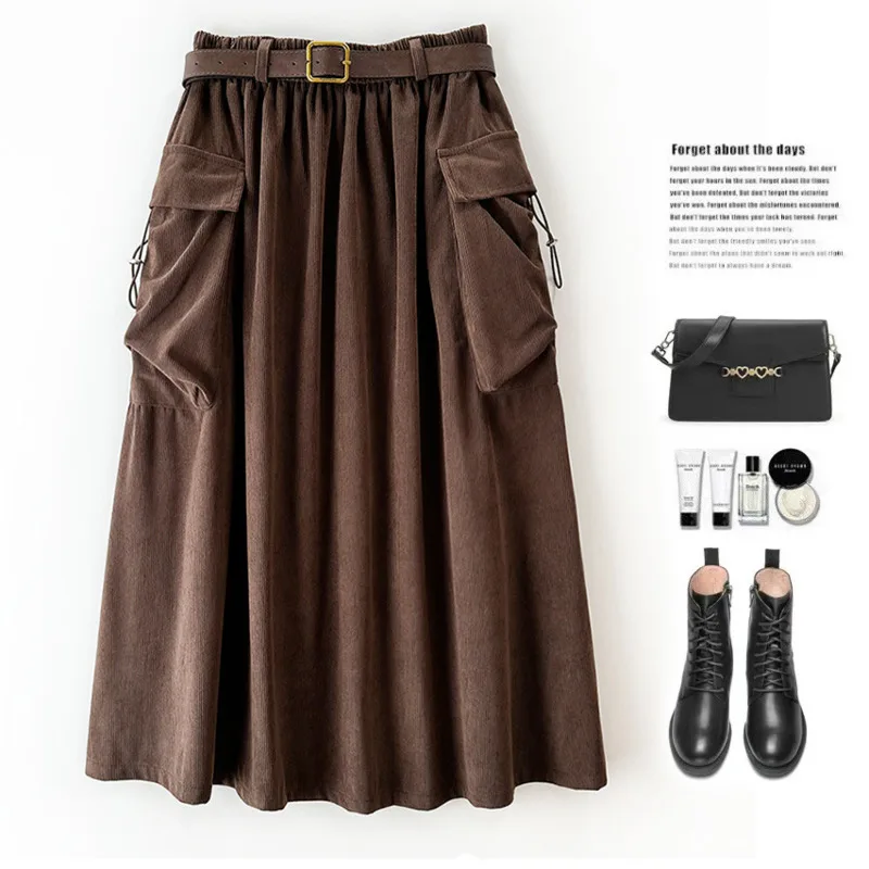 Retro High Waist Skirt All-match Fashion Solid Color Simple Corduroy Streetwear Tooling Wind Elegant Casual Skirt New