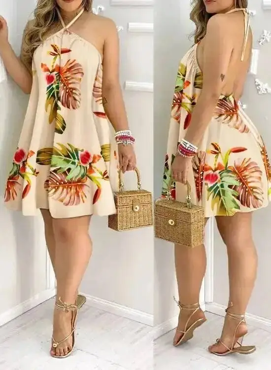 Print Halter Neck Dress, Vacation Style Backless Dress For Spring & Summer, Women's Clothing casual women mini dress FX8H