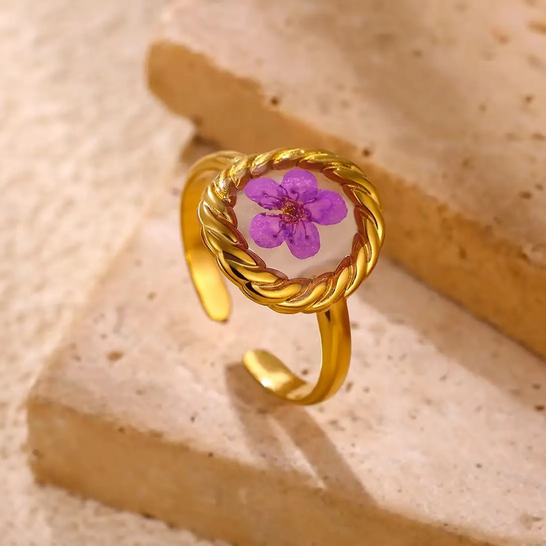 Stainless Steel Purple Immortal Flower Ring for Women Gold Color Geometric Oval Open Rings Trend Fashion Summer Dopamine Jewelry