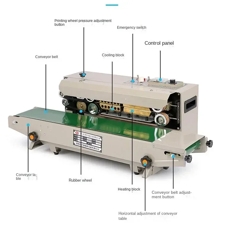 FR-900 เครื่องซีลต่อเนื่อง วันที่ผลิต เครื่องซีลความร้อนขนาดเล็ก ฟิล์มพลาสติก อลูมิเนียมฟอยล์ เครื่องซีลแบบเหนี่ยวนํา