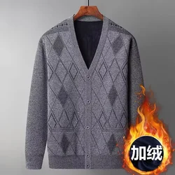 Cardigã masculino de malha engrossada, suéter gola v, suéter de malha solta, de meia idade e idosos, jaqueta pai, inverno