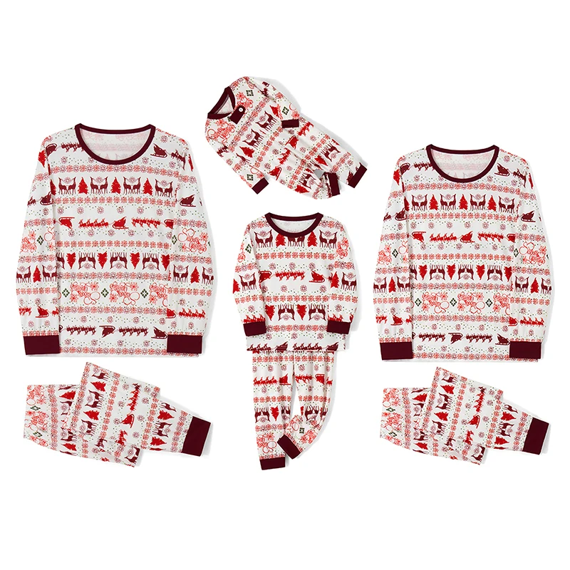 Matching Family Christmas Pajamas Set Festive Reindeer and Snowflake Print Long Sleeve Tops and Pants for Parents and Kids