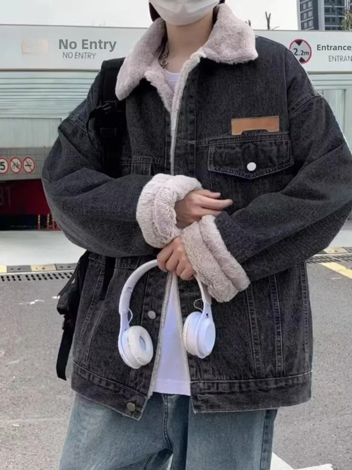 جاكيت دنيم رجالي على الطراز الياباني مبطن بالصوف السميك وفضفاض، معطف شتوي دافئ وعصري من ماركة رائجة #4