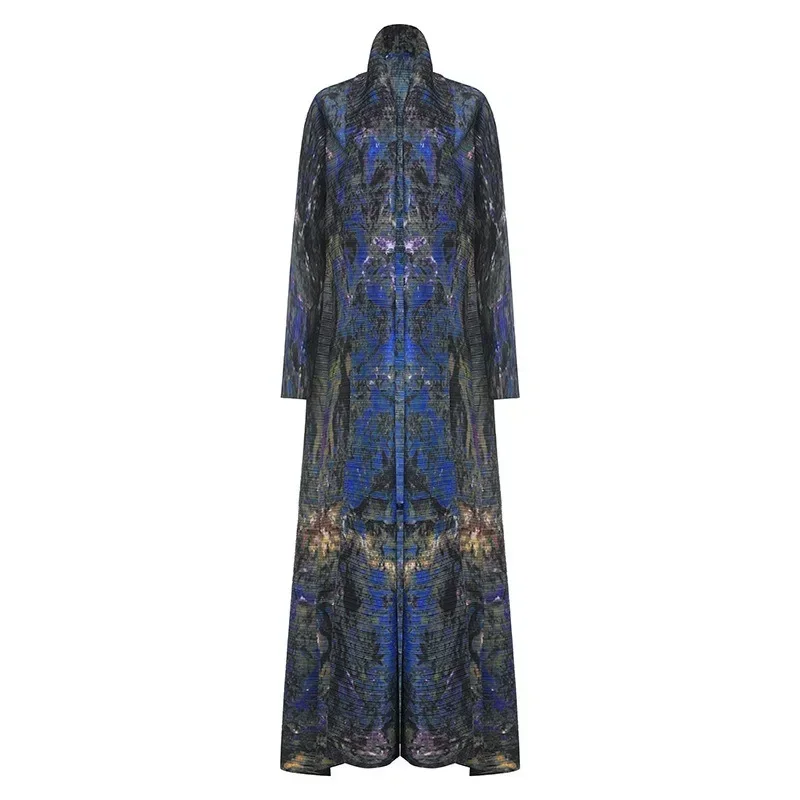 Miyake Pleated High-end Retro Printed Lace-up Windbreaker Jacket Middle Eastern New Large Size Loose Middle Eastern Robe Dress