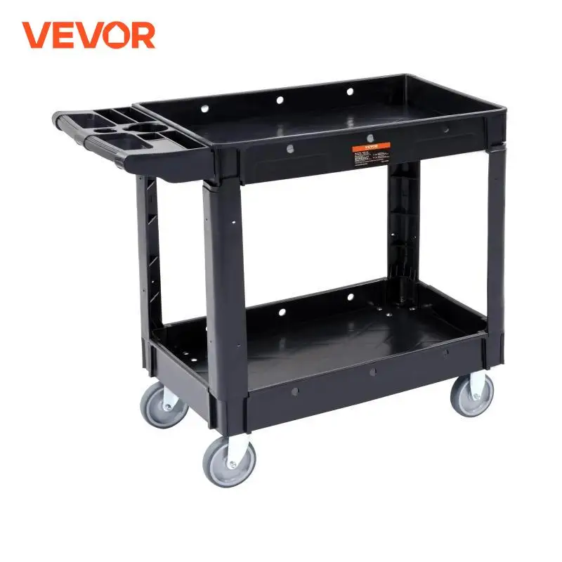 VEVOR 550LBS Utility Service Cart Plastic Rolling Hand Cart with 360° Swivel Wheels 2 Lipped Shelf for Warehouse Garage Office