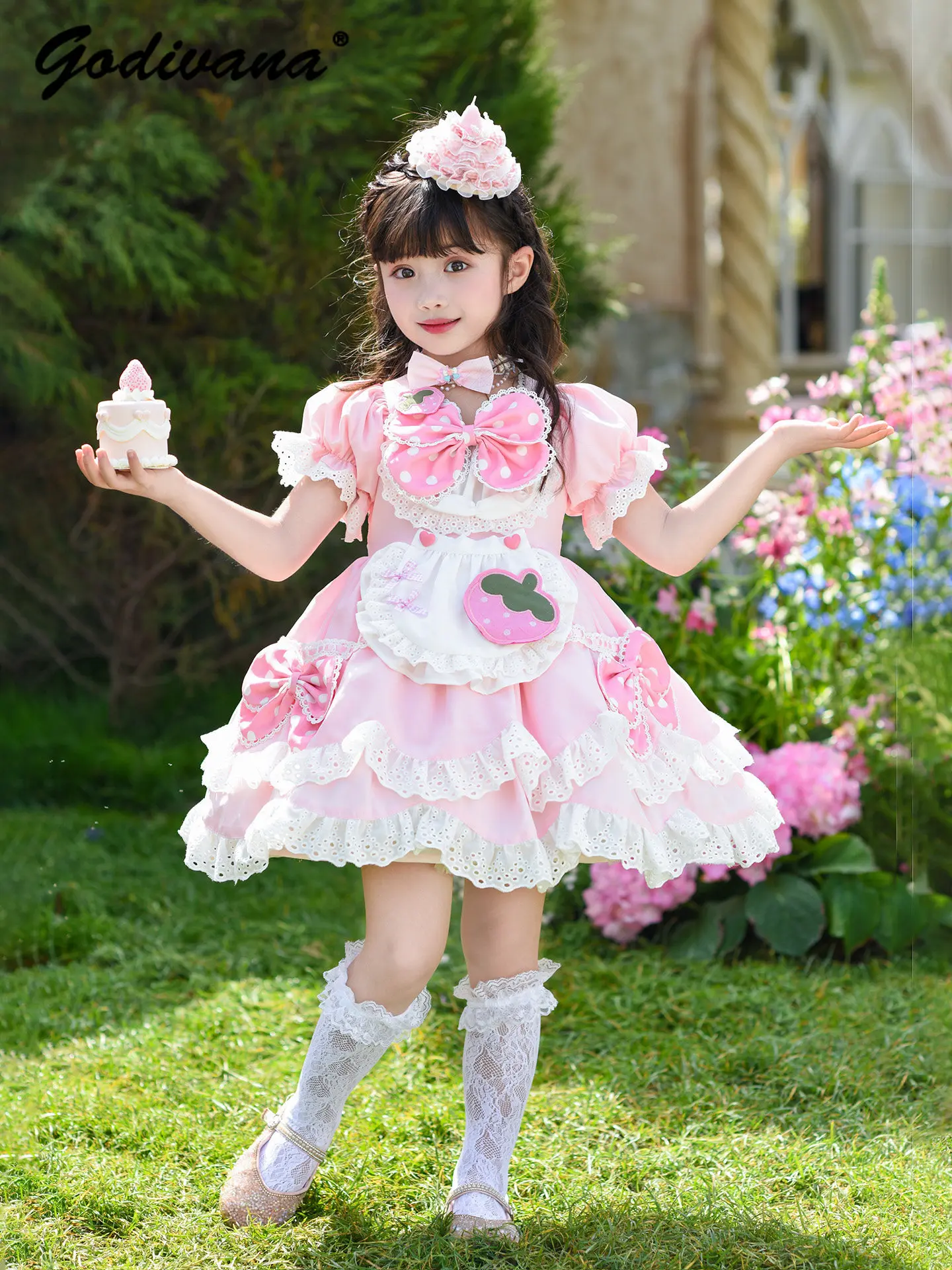 

Sweet Baby Girls Pink Strawberry Print Lolita Dress Kids Summer Cute Bow Lace Trim Puff Sleeve Birthday Party Princess Ball Gown