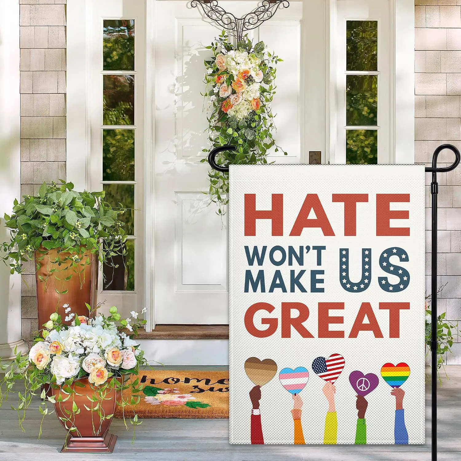 Hate Wont Make Us Great Garden Flag 12 x 18 Inch 3Ply Fabric Double Sided Diversity Equity Inclusion Pride Garden Flags for  llp