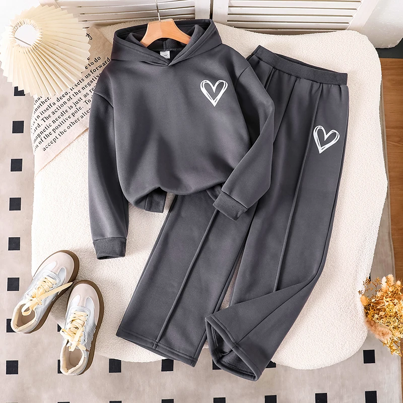 Girls 8‑12Y Spring Autumn 2Pcs Outfit Heart Print Hoodie Top And Wide Leg Pants Set For Daily Casual Sports Occasions