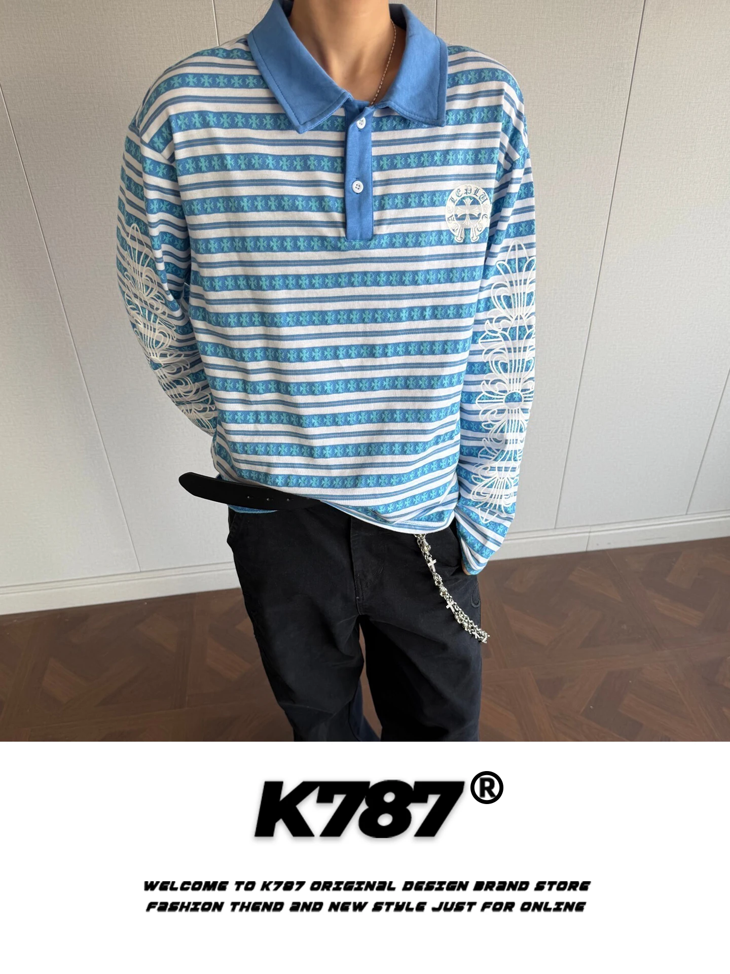 

Футболка K787 в американском уличном стиле, свободного кроя, с длинным рукавом, в готическом стиле, с цветными блоками, повседневная, весенняя, модная, из хлопка и полиэстера